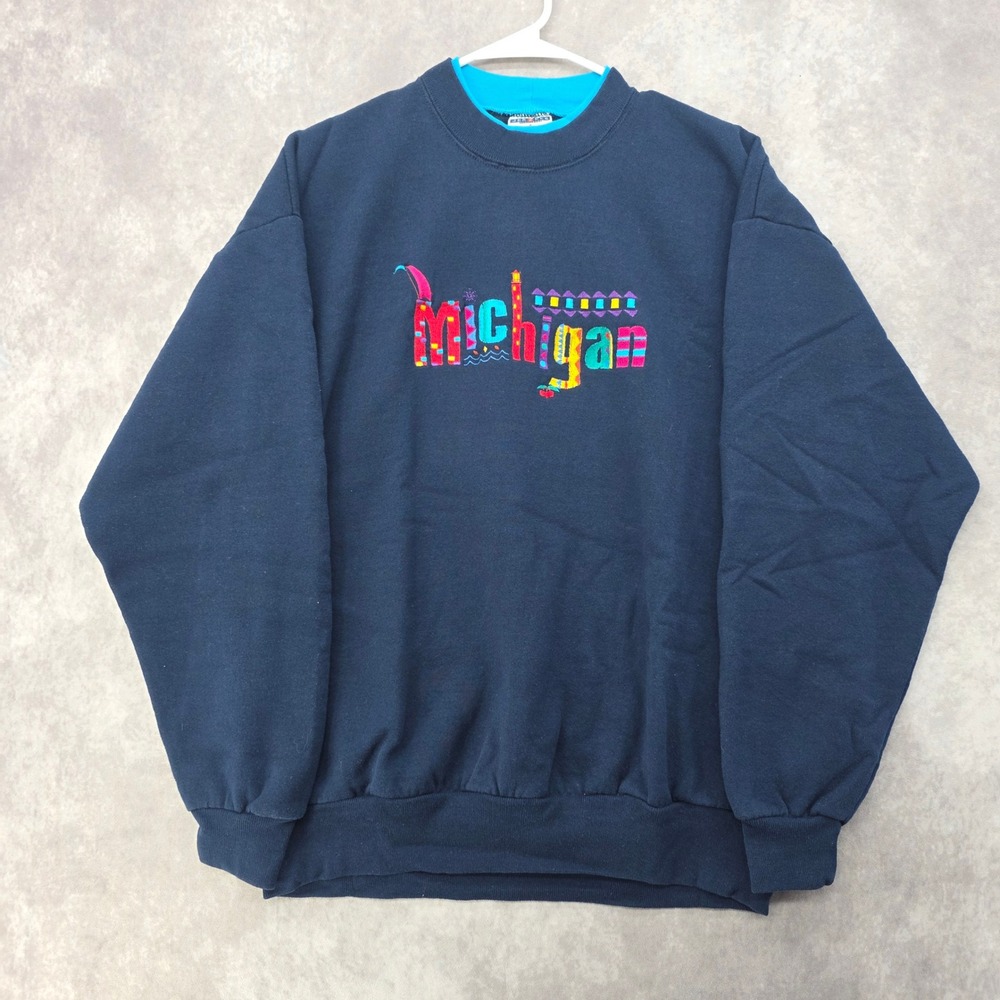 Vintage Michigan Sweatshirt Jerzees XL Navy Blue Embroidered Made in USA 90s